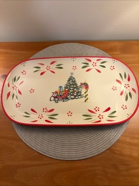 Temptations Holiday/Christmas Oval Ceramic Serving Platter Plate Tree Sleigh